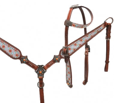 **Limited Edition Bejeweled Navajo Overlay Headstall, Breast Collar, Reins Set**
