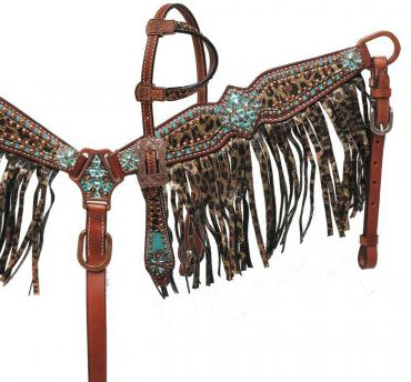 Showman Pony Bejeweled Metallic Leopard Print Headstall, Breast Collar, Reins Set
